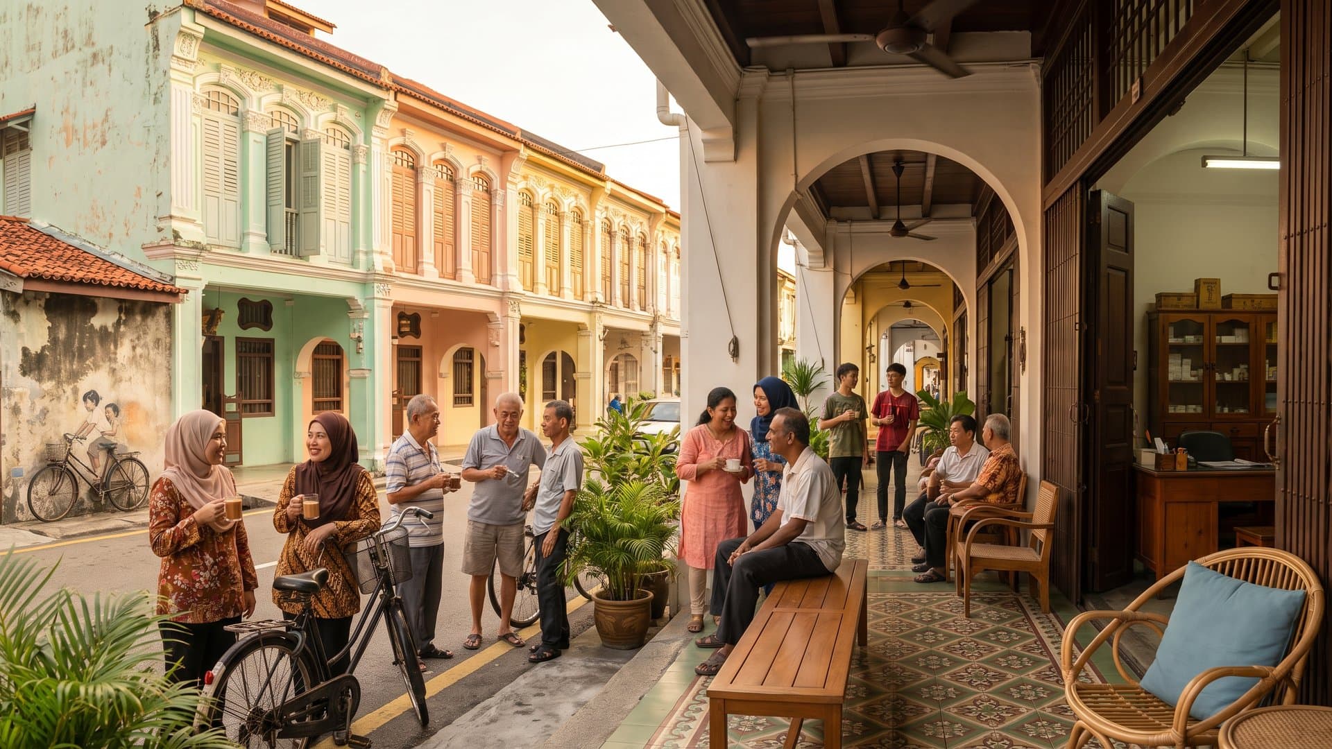 Suasana jalan rumah kedai warisan pada waktu petang dengan kedai kecil, kafe dan klinik