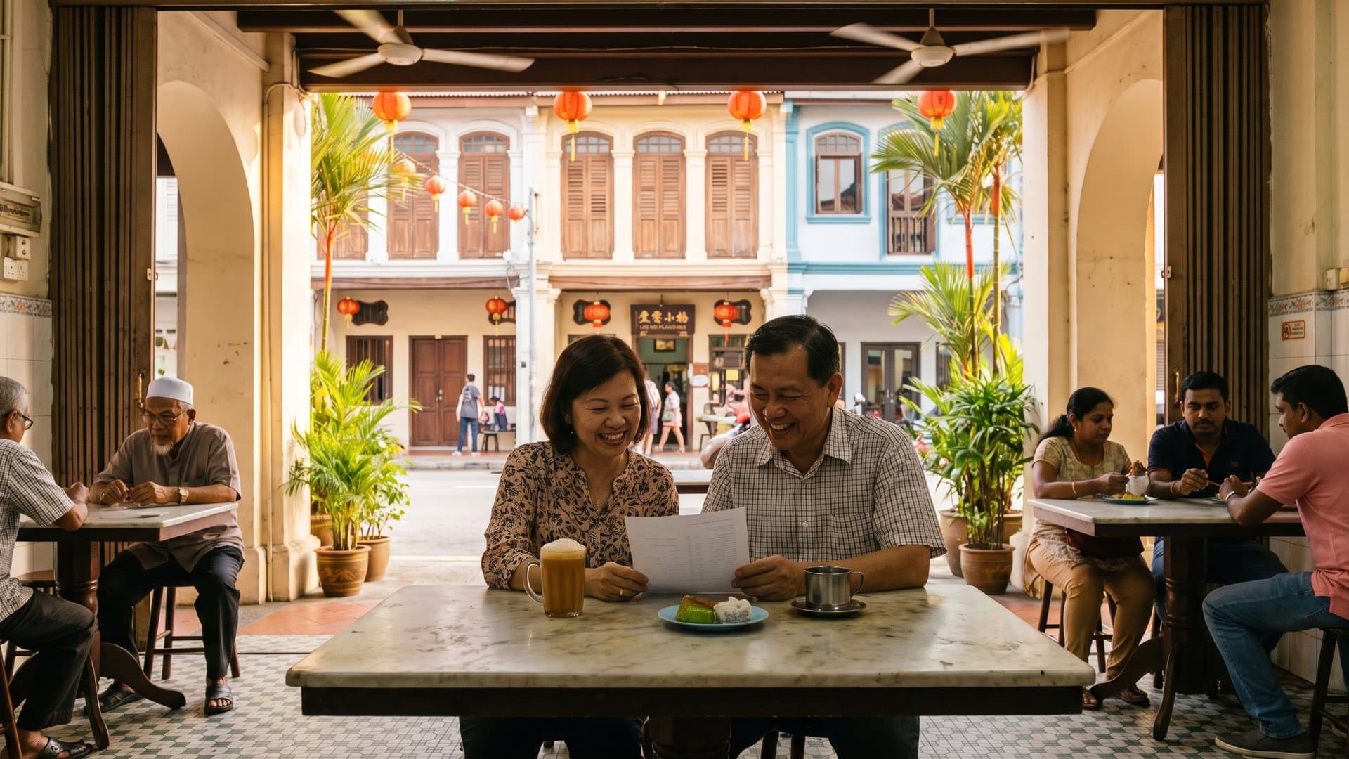 Pasangan pemilik kedai kuih meneliti pelan ringkas sambil minum teh tarik di kopitiam